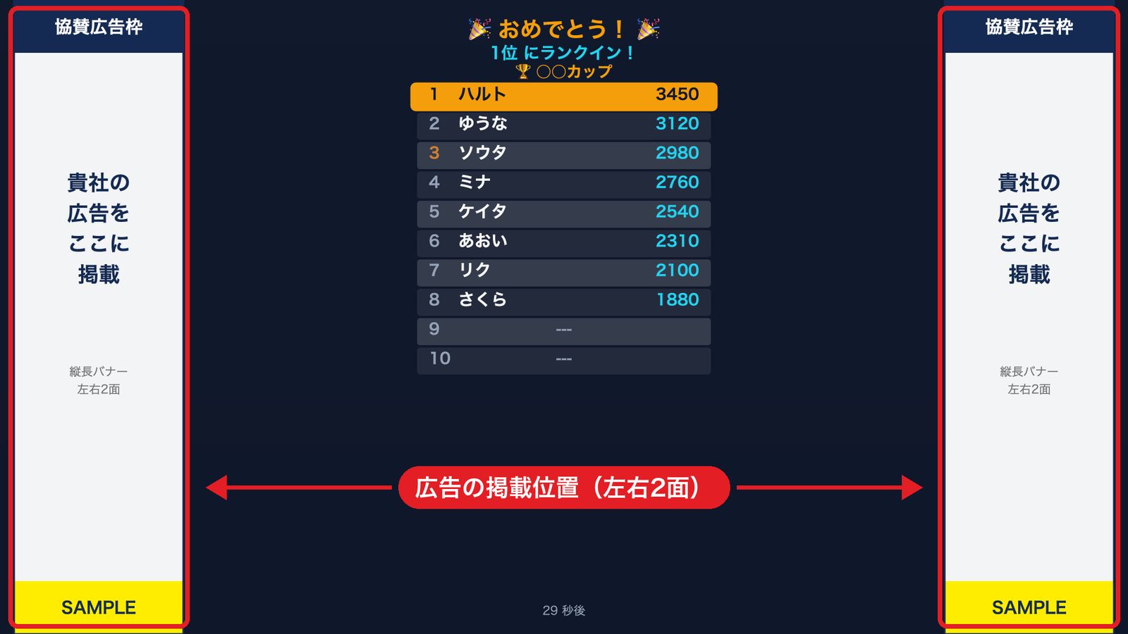 ランキング画面。画面左右の縦長の協賛広告枠（2面）の掲載位置を赤枠と矢印で示している