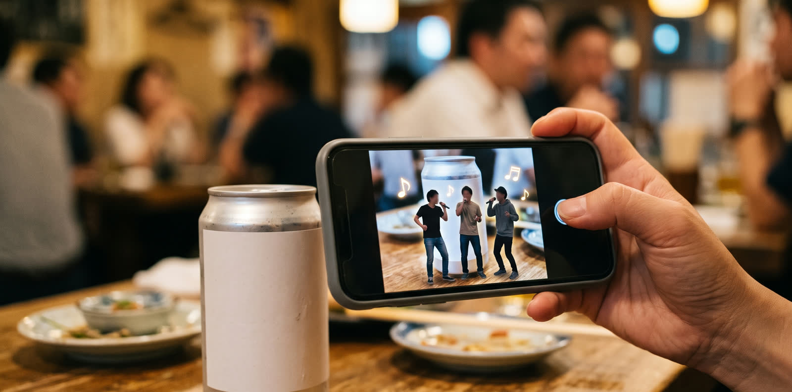 缶飲料にスマホをかざすと、ラベルの前に小さな3人組が現れて歌う制作イメージ